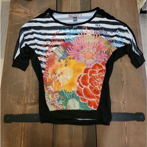 Desigual Striped Black White Floral Dolman Top S - Picture 2 of 6